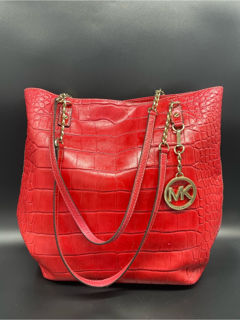 Michael Kors Red Croc-Embossed Leather Tote with Gold Hardware